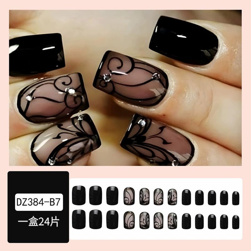 juggssa Black Press on Nails Short Square Fake Nails with Designs Black Vine Acrylic False Nail Kits Glossy Full Cover Spring Winter Glue on Nails with Rhinestone Artificial Stick on Nail for Women 24PCS - Image 4
